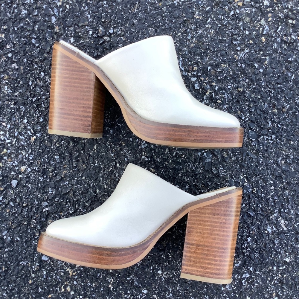 Nasty Gal Cream Faux Leather Square Toe Platform Mules Wood Block Heel Size 5/38